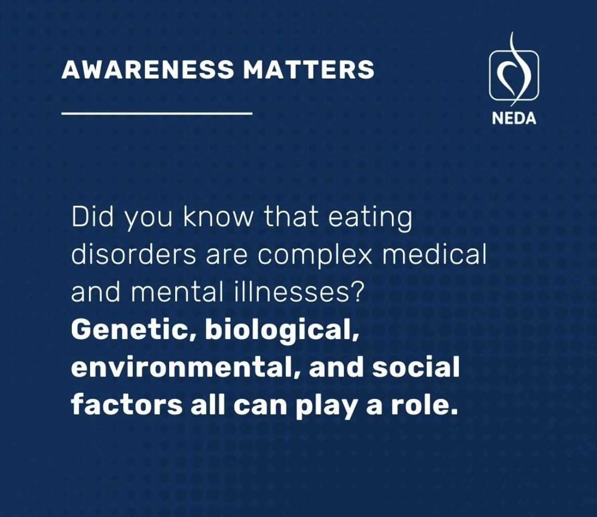 Healing_Recover's tweet image. ✨Did you know ?

EDs are serious mental illnesses not lifestyle choices

EDs are about more than food

You cannot tell if someone has an ED by the way they look

Weight does not define the severity of an ED

#EDAW #EatingDisorders #SupportAndRecovery #MentalHealthMatters