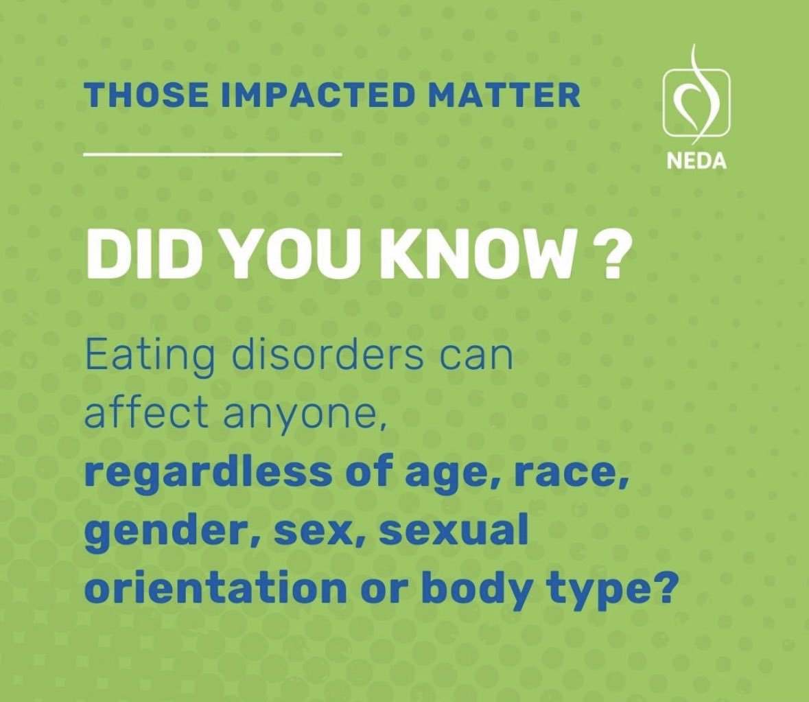 Healing_Recover's tweet image. ✨Did you know ?

EDs are serious mental illnesses not lifestyle choices

EDs are about more than food

You cannot tell if someone has an ED by the way they look

Weight does not define the severity of an ED

#EDAW #EatingDisorders #SupportAndRecovery #MentalHealthMatters
