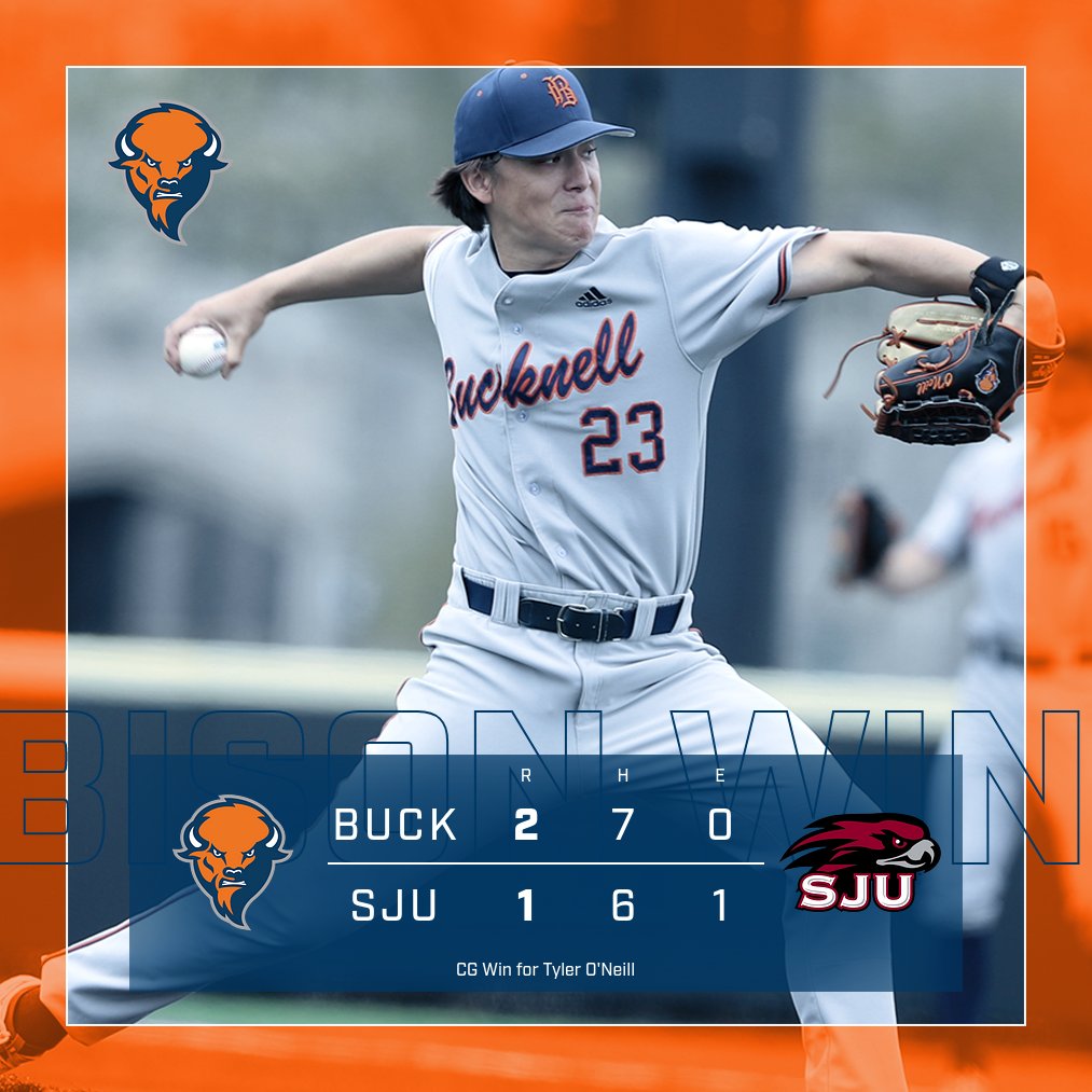 BISON WIN! Complete-game effort from Tyler O'Neill, and the Bison grab the opener of the doubleheader at Saint Joe's. Game 2 starting soon. #rayBucknell