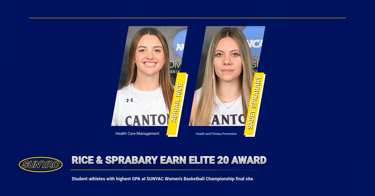 WBB 🏀 | A big congrats goes out to Abigail Rice and Sadey Sprabary who both earned the SUNYAC Elite 20 Award. The honor goes to the student-athlete with the highest cumulative GPA at the SUNYAC championship final site. 📚 Congrats Abigail and Sadey on your 4.0 GPA's! 👏