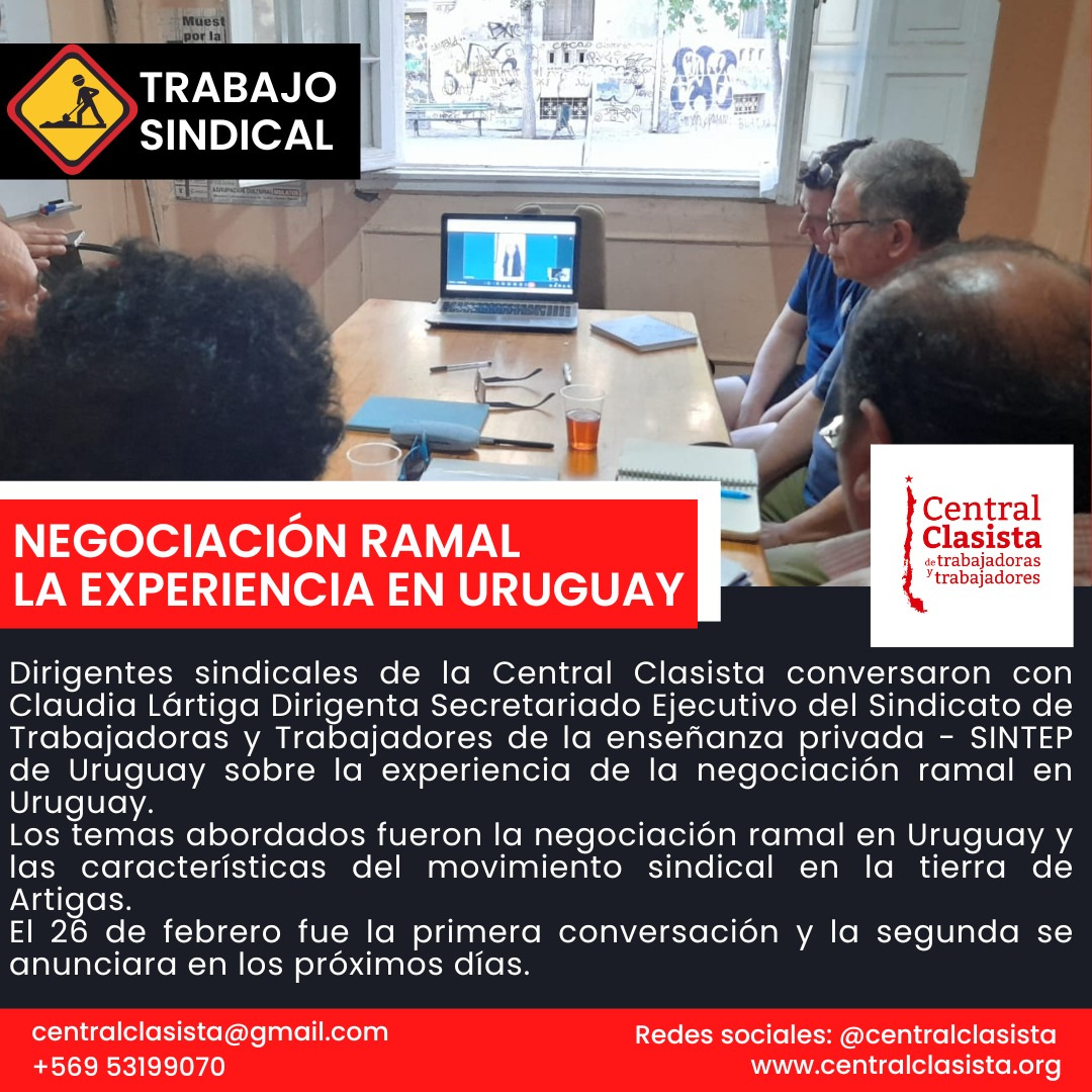 #trabajosindical Dirigentes sindicales de la Central Clasista conversaron con Claudia Lártiga Dirigenta Secretariado Ejecutivo del Sindicato de Trabajadoras y Trabajadores de la enseñanza privada - SINTEP de Uruguay sobre la experiencia de la negociación ramal en Uruguay.