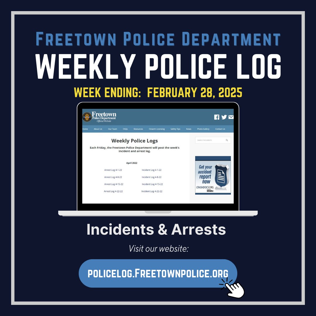 FreetownPD's tweet image. The Weekly Incident & Arrest Log has been posted on our website.
💻🖱 policelog.freetownpolice.org
#freetownpdlog #freetownma