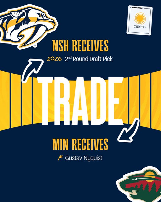 Trade graphic, NSH receives a 2026 2nd round draft pick from Minnesota in exchange for forward Gustav Nyquist. The Celero logo is in the top right corner. 