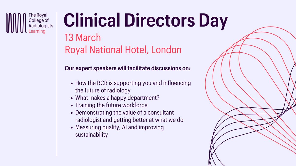 Don't miss your chance to connect with fellow Clinical Directors on 13 March!

Learn about technology, leadership and managing change from our lineup of expert speakers 💭 

Secure your spot: rcr.ac.uk/cpd-and-events…