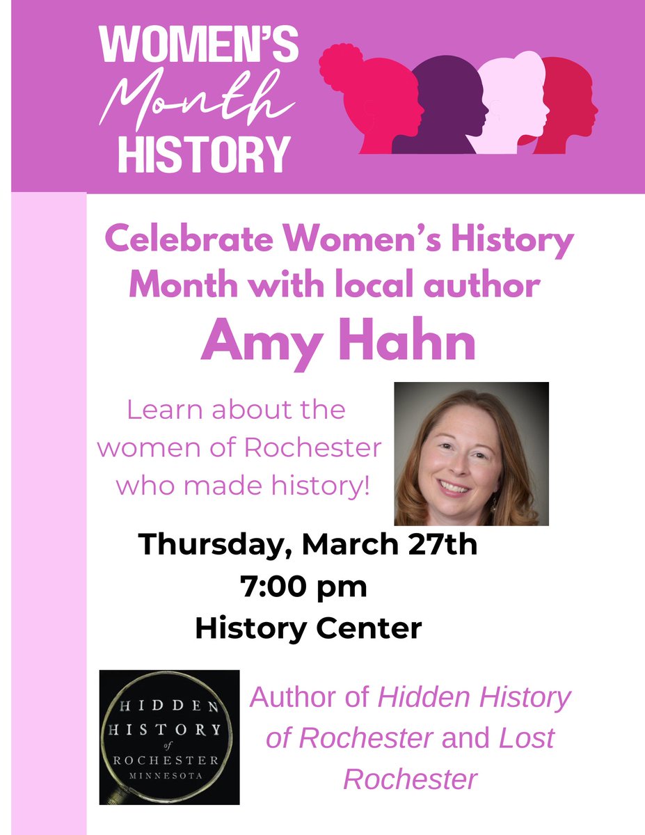 HCOC's tweet image. Join us on March 27, 2025 at 7pm in welcoming local author Amy Jo Hahn as she shares stories of influential women who shaped Rochester. Learn about their contributions and legacies as she brings to life the history of the city's most important women. olmstedhistory.com/events