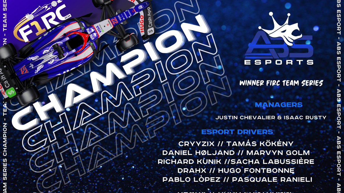 OPLITE F1RC by FcT (@f1rcbyfct) on Twitter photo 🚨 ALERTE AUX CHAMPIONS !
À l'issue de la première saison du TEAM SERIES, notre championnat interteam lancé en octobre, c'est la <a href="/ABS_Esports_gg/">ABS Esports</a> qui rafle le titre, à jamais les premiers ! 👑
Bravo aux champions et rendez-vous vendredi 7 mars pour les qualifs du TEAM SERIES 2 ! 🚨 ALERTE AUX CHAMPIONS !
À l'issue de la première saison du TEAM SERIES, notre championnat interteam lancé en octobre, c'est la <a href="/ABS_Esports_gg/">ABS Esports</a> qui rafle le titre, à jamais les premiers ! 👑
Bravo aux champions et rendez-vous vendredi 7 mars pour les qualifs du TEAM SERIES 2 !