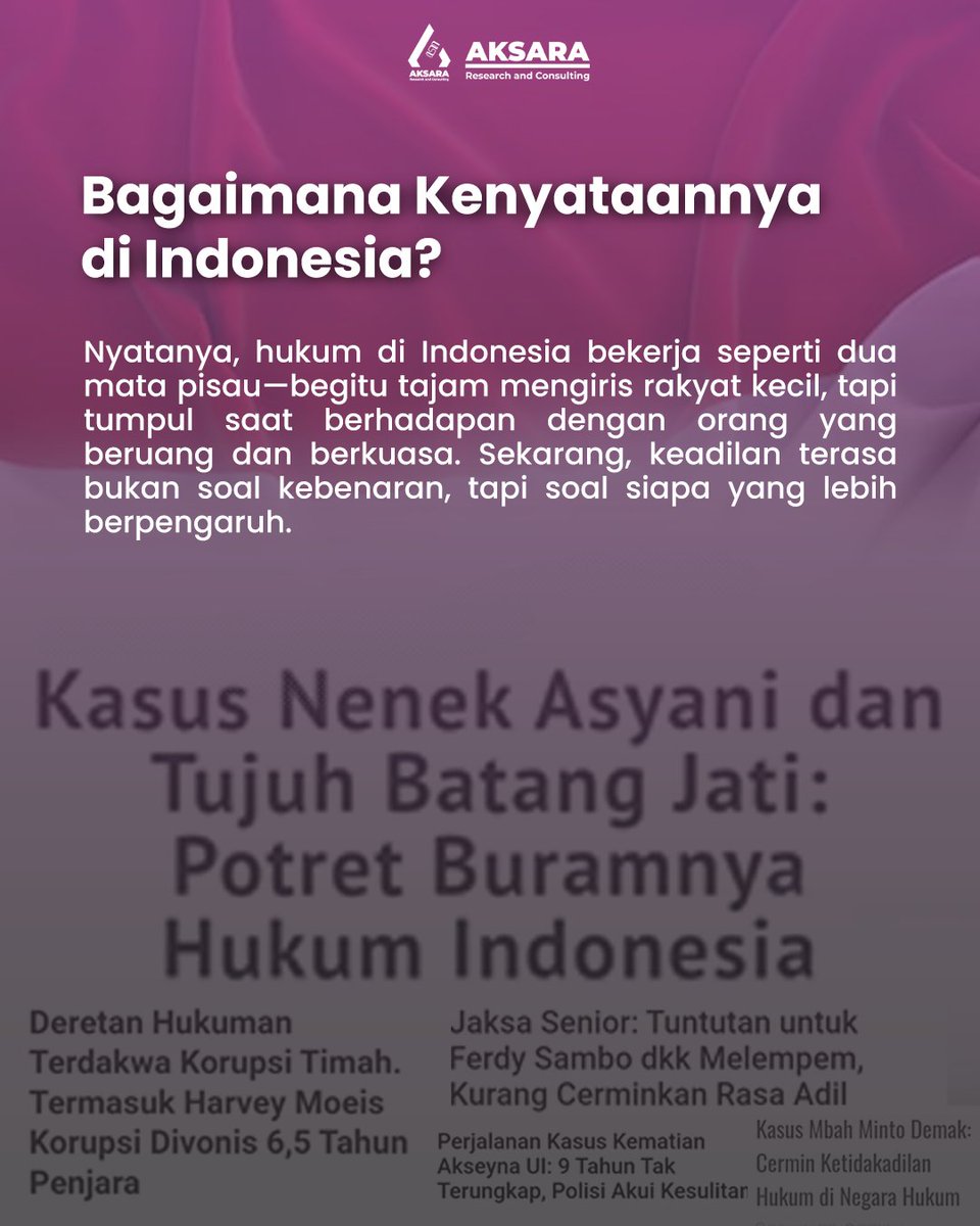aksara_research's tweet photo. [Insight Builders :   Mencari Keadilan Hakim Negeri ]

Peringatan Hari Kehakiman Nasional hari ini terasa nggak relevan di tengah sengkarut sistem hukum kita.  Min Aksa pengen momen ini jadi refleksi buat para hakim supaya lebih bijak dan adil ⚖️💭
#aksararesearchandconsulting https://t.co/JLIyavReI2