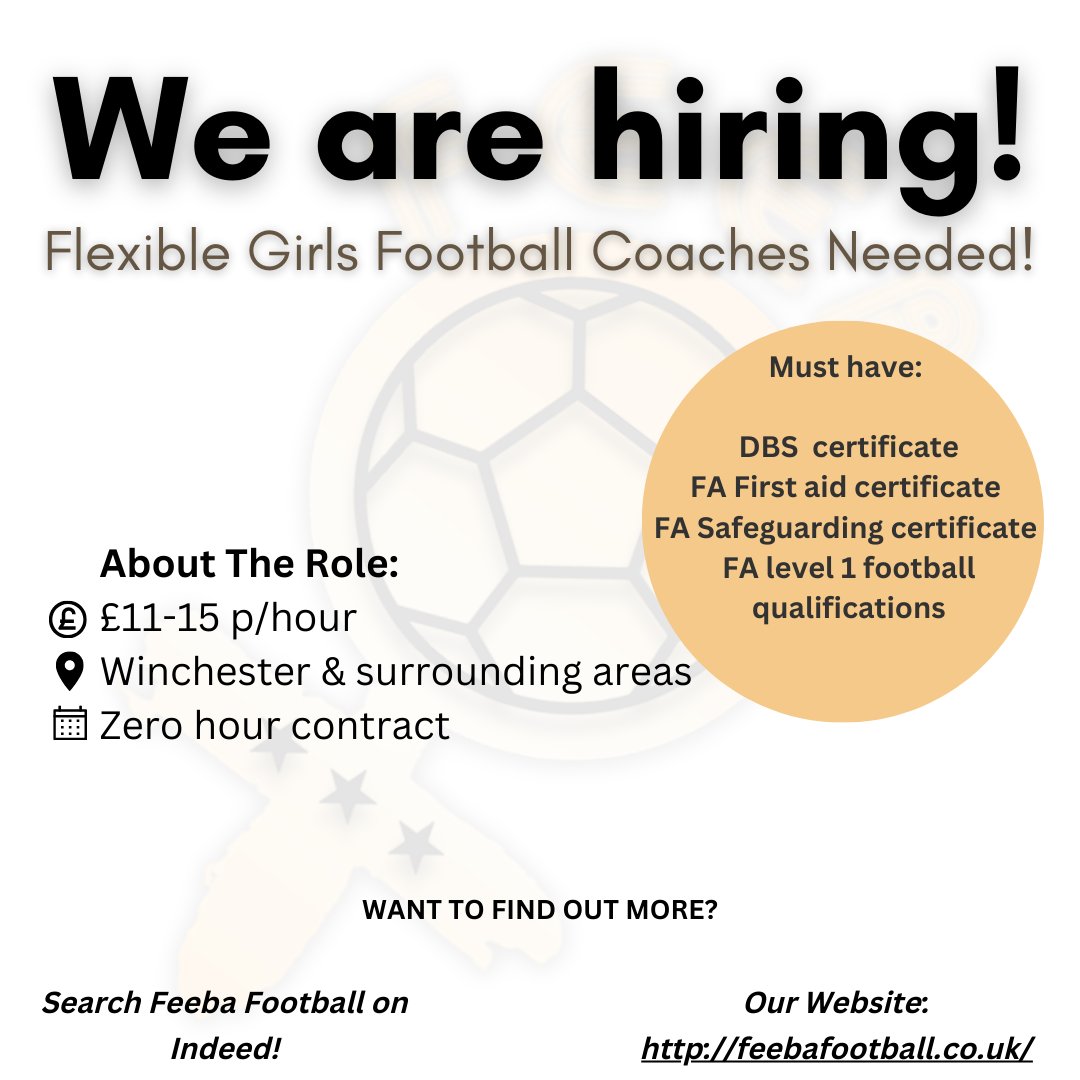 We are searching for passionate girls footballs coaches, who hold the below qualifications ! If this is you we would love to hear from you! Please apply via indeed or contact us for more information !