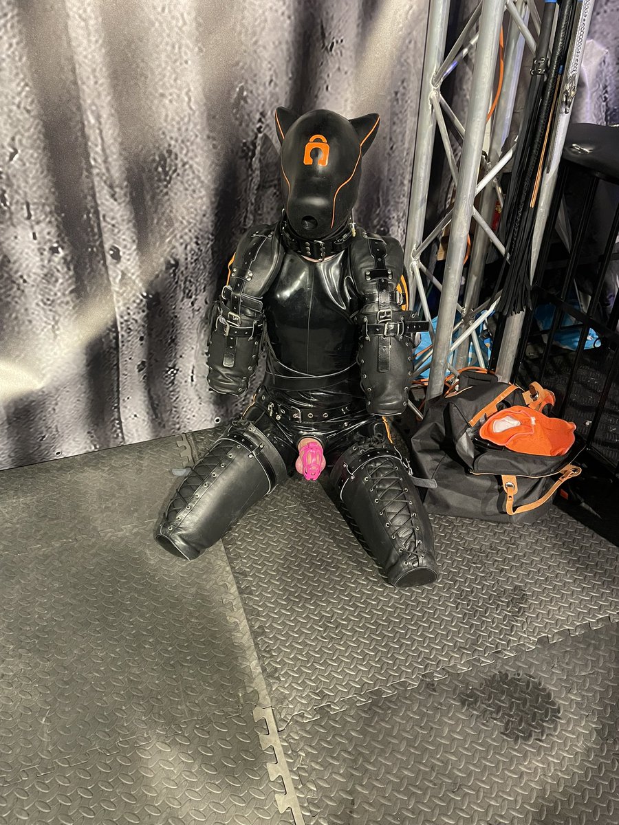 Puppy <a href="/Bedela92/">Pup Bo🔜Harsh</a> all dressed up in my <a href="/furrjoi01/">FURRJOI</a> hood, the <a href="/MockingbirdLthr/">MockingbirdLeather</a> petcrawlers and for his own good locked up in my <a href="/KINK3Ddesigns/">KINK3D</a> cage. Ready for walkies on #darklands. No leash required because the dual shockcollar from <a href="/cuffedstore/">Cuffed Store</a> will keep him from straying away 😈