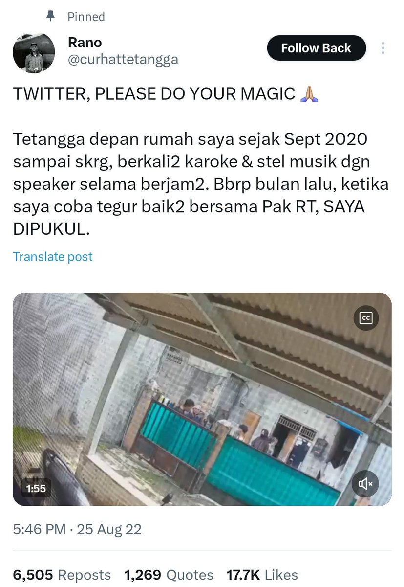 Ini di Jakarta. Kasus yg masih sama. Speaker itu sudah membahana sejak 2020an.

RT sudah turun tangan. JAKI sudah digunakan. Mas Rano sudah pernah dipukul. Pelaku sudah pernah dipenjara. Jera? Setelah keluar, speaker maut itu tetap membahana. Keras sekali.

Kami mohon kepada