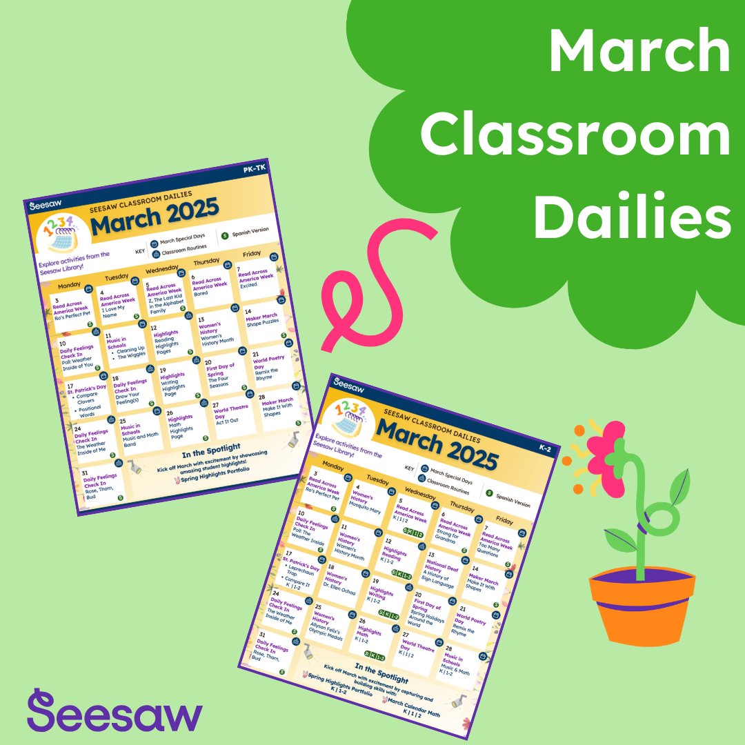 🌟 Seesaw’s March Dailies Are LIVE! 🌟

March into learning with daily activities for every classroom! 📚

✨ What’s new?
📖 Read Across America storybooks
🌸 Spring portfolios
👩‍🏫 Women’s History Month activities
...and more!

➡️ Check out these dailies and share them with your