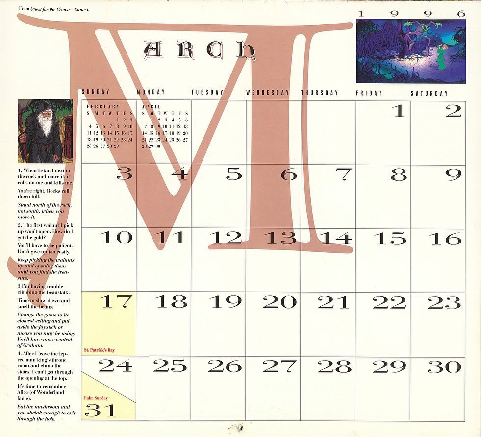 It’s March, apparently?  Not sure how that happened, but if it’s true:  Happy March 1st, 2025, from the 1996 King’s Quest wall calendar!