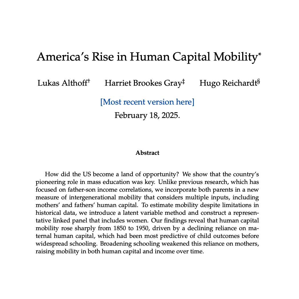 Lukas Althoff (@althofflukas) on Twitter photo How did the US become a land of opportunity? In a new paper, we show that the country's pioneering role in mass education was key to its rise in intergenerational mobility from 1850 to 1950.
"America's Rise in Human Capital Mobility"
with Harriet Brookes Gray & <a href="/ReichardtHugo/">Hugo Reichardt</a> How did the US become a land of opportunity? In a new paper, we show that the country's pioneering role in mass education was key to its rise in intergenerational mobility from 1850 to 1950.
"America's Rise in Human Capital Mobility"
with Harriet Brookes Gray & <a href="/ReichardtHugo/">Hugo Reichardt</a>
