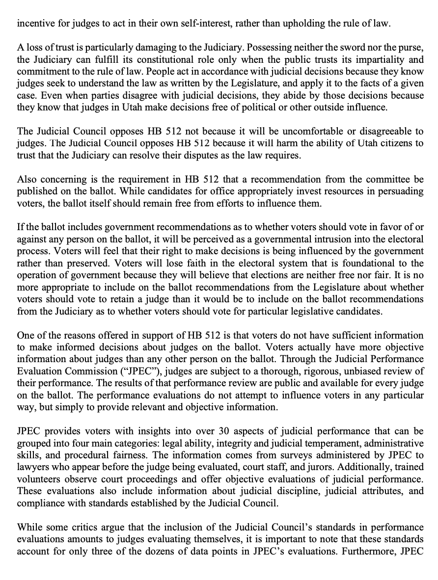 KatieMcKellar1's tweet image. NEW: Utah Supreme Court Chief Justice Durrant met with Speaker Schultz and President Adams today, and delivered this letter laying out why the Judicial Council opposes Lisonbee's HB512, which would allow legislators a say in judge retention elections. #utpol #utleg
