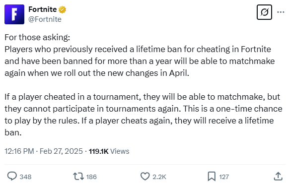 JakeSucky's tweet image. Fortnite has unbanned all cheaters who have been banned for a year or longer, allowing them to return to matchmaking

Players will be given a lifetime ban if they cheat again, and people who sold cheats are still permanently banned