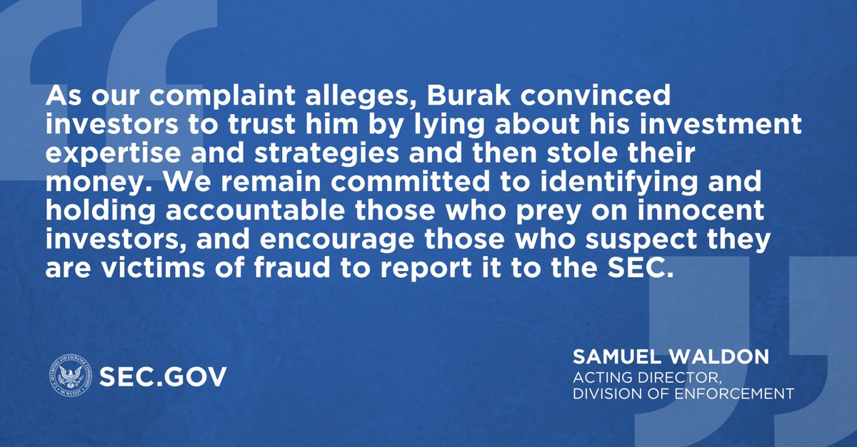The SEC charged Alan Burak, founder of Never Alone Capital LLC, with orchestrating a fraudulent scheme that raised approximately $4 million, most of which Burak misappropriated for personal expenses. sec.gov/newsroom/press…