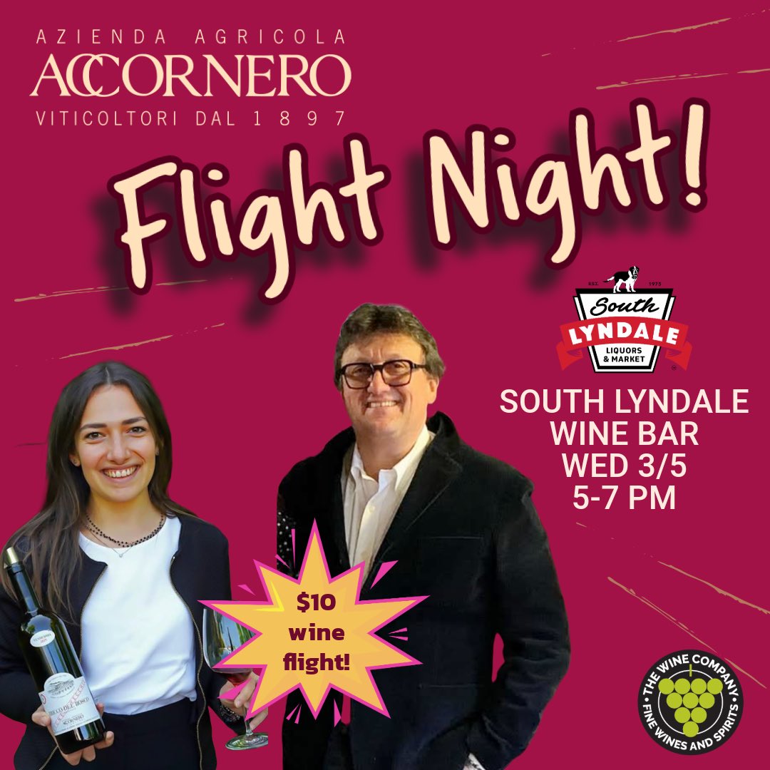 Flight Night! Drink wine and eat cheese &amp; charcuterie with father-daughter team, Ermanno and Giulia Accornero. Enjoy a flight featuring Grignolino, Barbera, and Malvasia Nera for $10, or wine flight + Cheese &amp; Charcuterie Board  for $25! 

Wed, 3/5 from 5-7PM
No tickets required!