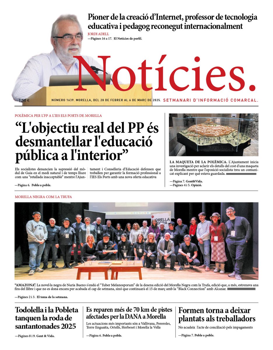 Esta és la portada del setmanari Notícies que ix demà divendres al carrer
🗞
#Morella #Todolella #Vilafranca #ElsPorts #Castelló #ComunitatValenciana