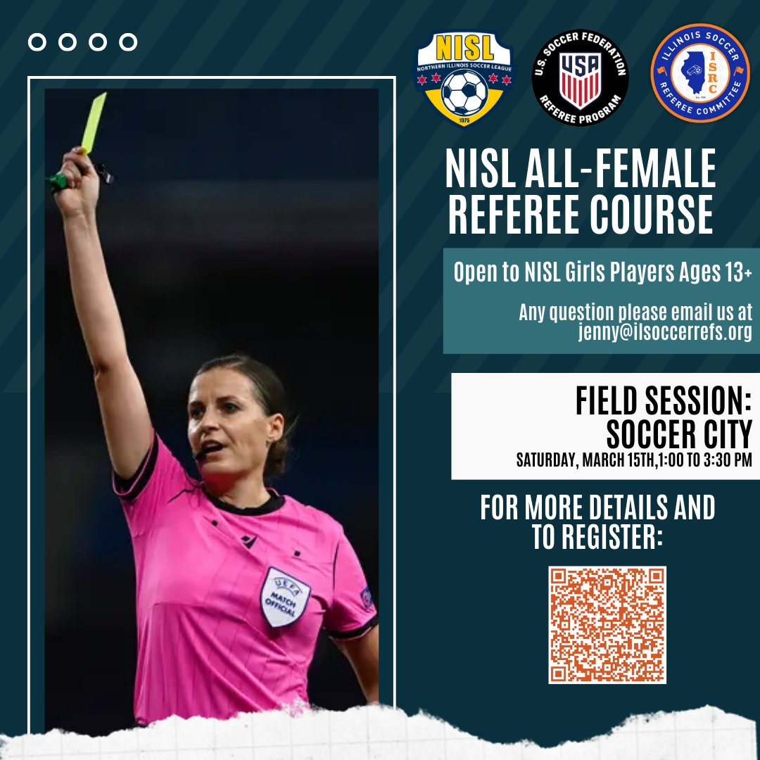Congrats to the NISL Women's Leadership Committee on the launch of the first-ever ALL-FEMALE REFEREE COURSE, exclusively for NISL players ages 13 and up! The Field Session will take place at Soccer City on Saturday, March 15th,  1:00 to 3:30 PM.