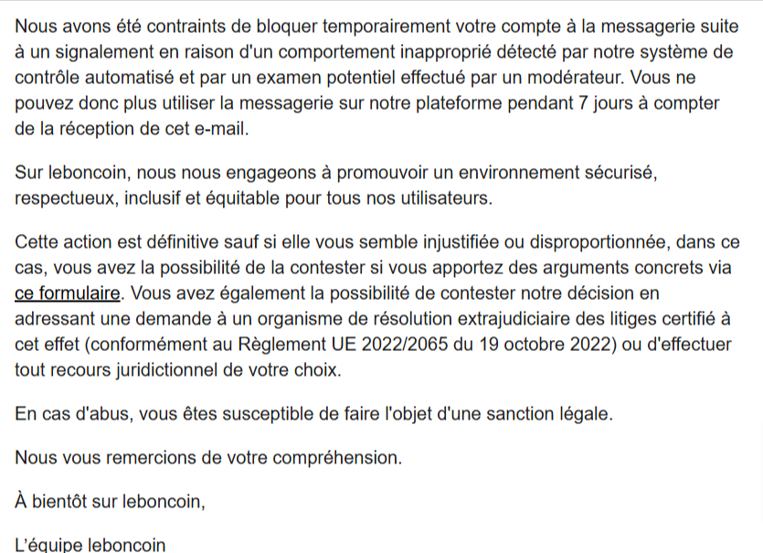 Vous avez déjà eu ce genre de suspension (injustifiée) chez <a href="/leboncoin/">leboncoin</a> ?