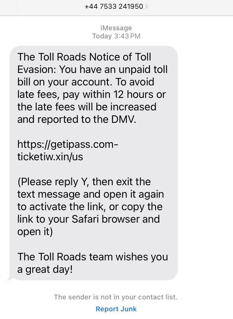 We would like to remind you that it is always a safe practice NOT to click on links sent to you in an unsolicited text message. There is a text circulating that claims you have unpaid tolls. You can check your toll history at getipass.com