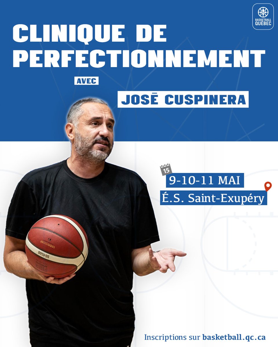 Basketball Québec présentera du 9 au 11 mai prochain une clinique internationale de perfectionnement en présence de l'entraîneur espagnol José Cuspinera ! Ne ratez pas cet évènement et inscrivez-vous dès maintenant ! 

&gt; bit.ly/cliniquedeperf…