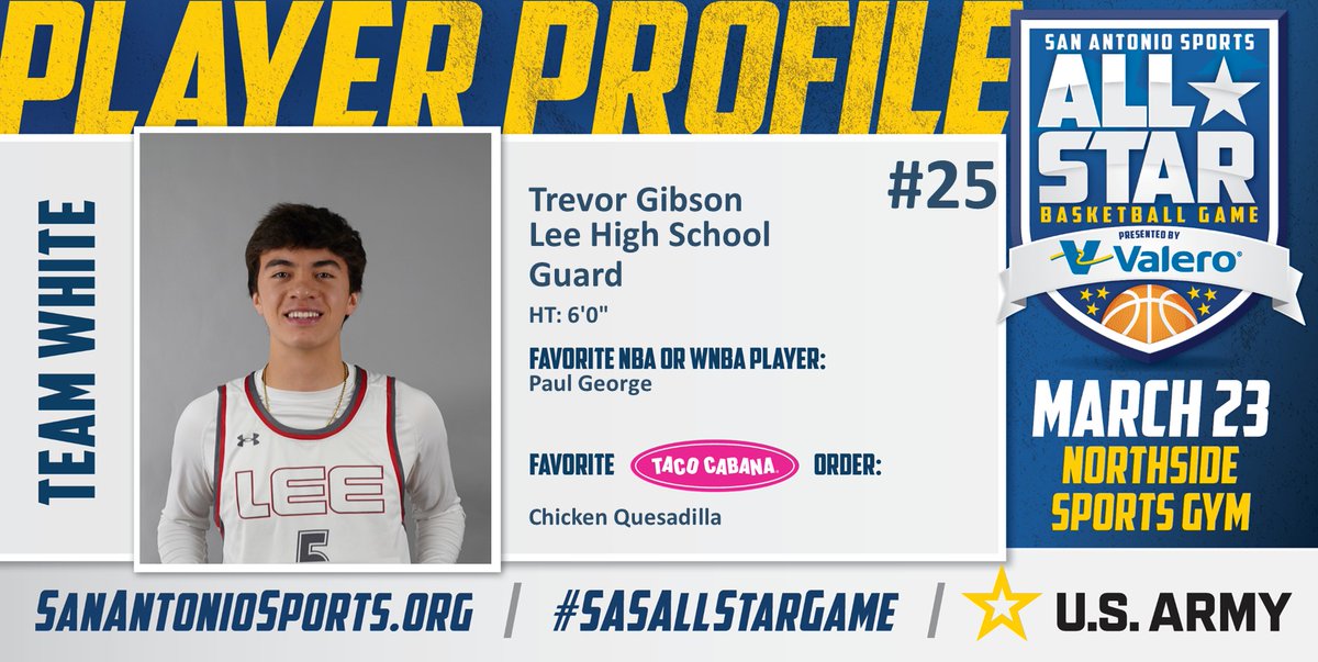 San Antonio Sports (@sa_sports) on Twitter photo Meet <a href="/trevor_gibson5/">Trevor Gibson</a> from Lee High School who will compete in the San Antonio Sports All-Star Basketball game pres. by <a href="/ValeroEnergy/">Valero</a> at the Northside Sports Gym on March 23rd! #SASAllStarGame #BeAllYouCanBe <a href="/TacoCabana/">Taco Cabana</a> <a href="/ArmySanAntonio/">GoArmy San Antonio</a> <a href="/Yg_Trece/">Paul George</a>
<a href="/LeeVolsHoops/">LEE Volunteers Boys Basketball</a>
<a href="/Coach__Tap/">Ryan Taplin</a> Meet <a href="/trevor_gibson5/">Trevor Gibson</a> from Lee High School who will compete in the San Antonio Sports All-Star Basketball game pres. by <a href="/ValeroEnergy/">Valero</a> at the Northside Sports Gym on March 23rd! #SASAllStarGame #BeAllYouCanBe <a href="/TacoCabana/">Taco Cabana</a> <a href="/ArmySanAntonio/">GoArmy San Antonio</a> <a href="/Yg_Trece/">Paul George</a>
<a href="/LeeVolsHoops/">LEE Volunteers Boys Basketball</a>
<a href="/Coach__Tap/">Ryan Taplin</a>
