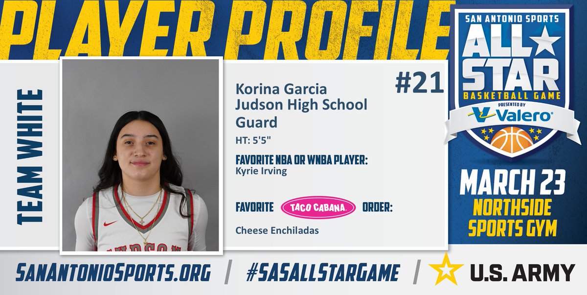 Meet @Korina2100 from @JISDRocketPridewho will compete in the San Antonio Sports All-Star Basketball game pres. by <a href="/ValeroEnergy/">Valero</a> at the Northside Sports Gym on March 23rd! #SASAllStarGame #BeAllYouCanBe <a href="/TacoCabana/">Taco Cabana</a> <a href="/ArmySanAntonio/">GoArmy San Antonio</a> <a href="/KyrieIrving/">Kyrie🤞🏾</a>

<a href="/GirlsJudson/">Judson Girls’ Basketball</a>
<a href="/JISD_ATHLETICS/">Judson ISD Athletics</a>