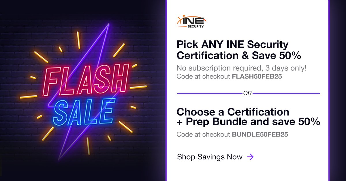 🚨LAST CHANCE ALERT! 

50% off of INE Security Certifications &amp; Certification + Training Bundles ends tonight. Get your deal now: bit.ly/3EXbb9S

This sales includes some of our most popular certifications like eJPT, eWPTX, eEDA and more! Don't miss out!

#cybersecurity