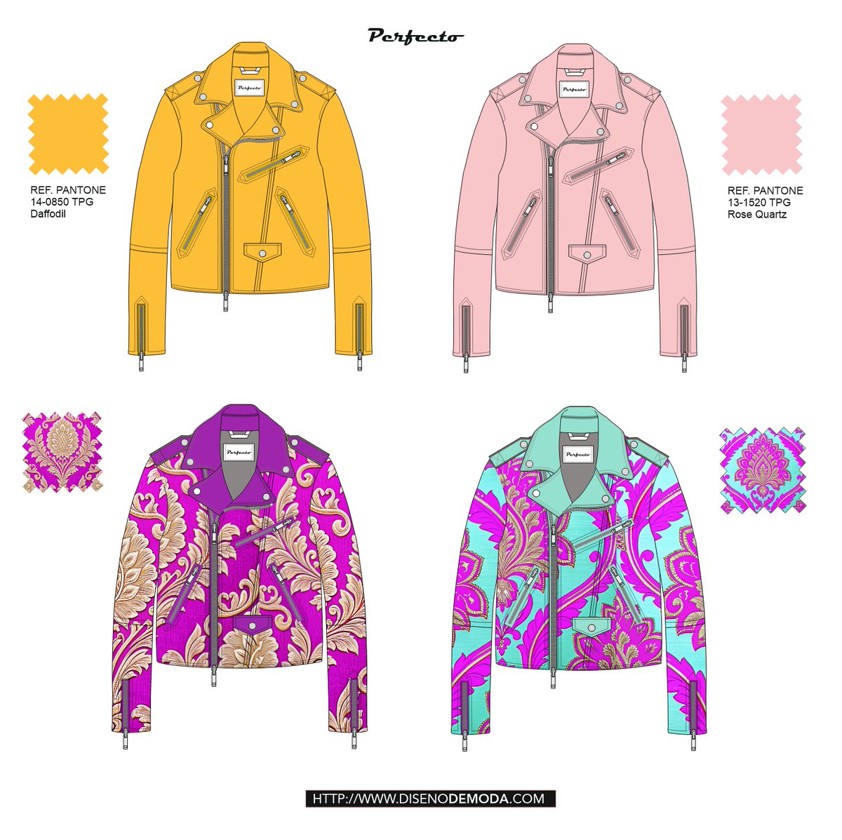 DisenoModaDig's tweet image. Con las herramientas de diseño digital de moda es mucho más rápido crear nuevos diseños y probar distintos colores. Como este ejemplo de diseños de la icónica chaqueta Perfecto con colores vivos y tejidos de tapicería #MaestrosDeLaCostura #diseñodemoda #perfecto #chaqueta #diseño