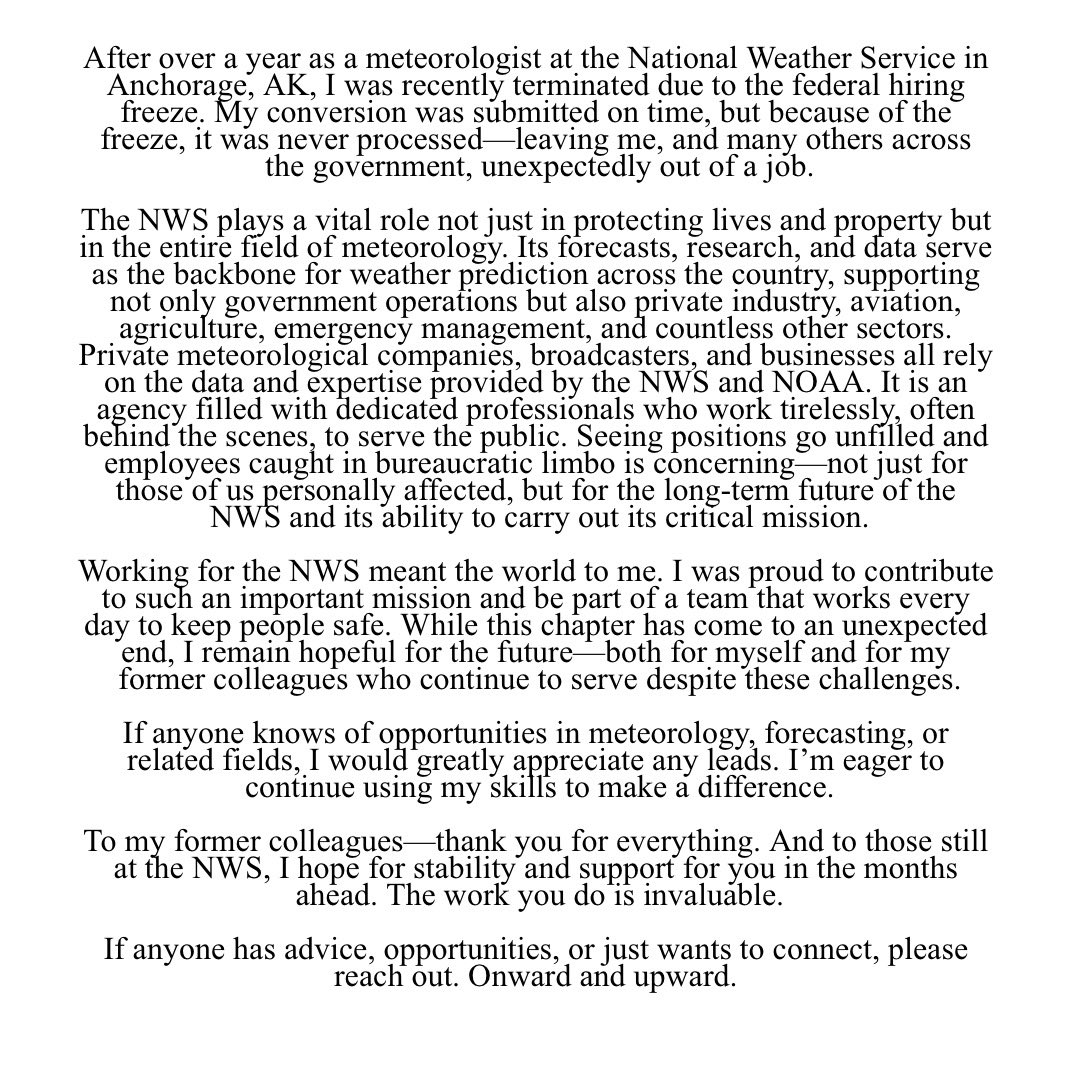 I never thought I’d be in this position, but I was unexpectedly terminated from my job as an NWS meteorologist. This isn’t just about me—this impacts the future of weather forecasting. #NWS #NOAA