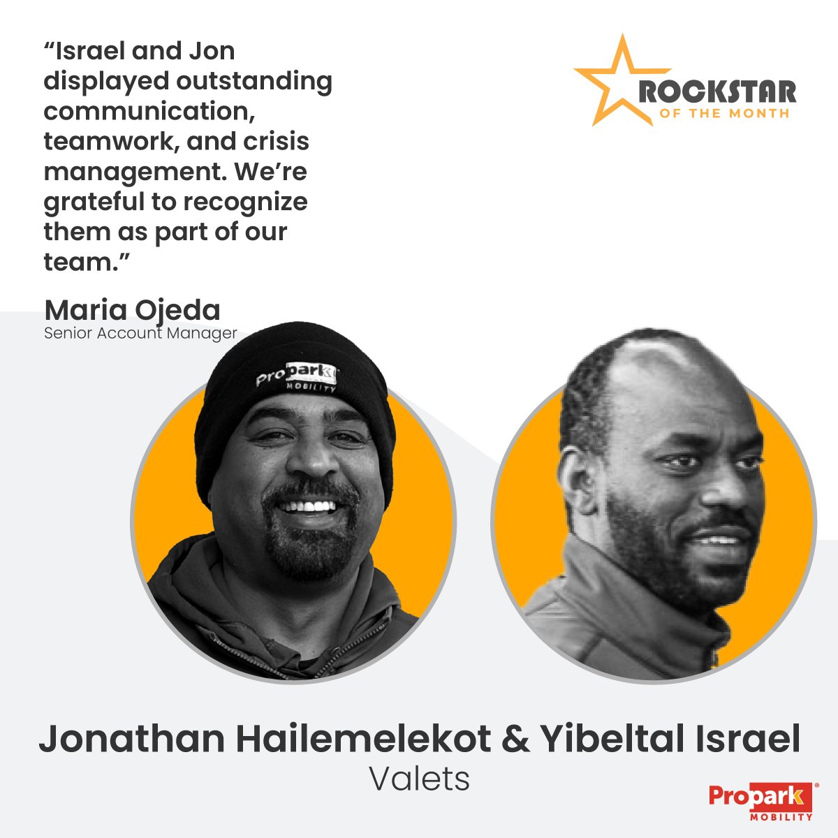 ProparkMobility's tweet photo. Congratulations to our February 2025 regional Circle of Excellence winners: Brando Carballosa, Mike Bruno, Jonathan Hailemelekot, Yibeltal Israel, &amp; Giovany Archin! Learn more about these Parking Rock Stars and Leaders at https://t.co/IQbK2zGUXt. #ProparkMobility https://t.co/pvw5xeZOHL