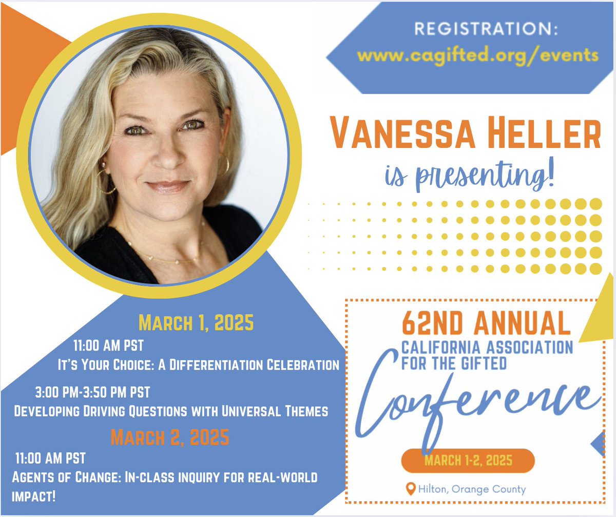 Vanessa Heller (@hell2teach) on Twitter photo This weekend!!!! <a href="/cagifted/">California Association for the Gifted</a> annual conference is 3/1-3/2! As a presenter for CAG for years, I am always excited to share #BestPractices with colleagues who serve our #GiftEd and #HighPotential learners! #UDL #Differentiation #Inquiry
cagifted.org/events This weekend!!!! <a href="/cagifted/">California Association for the Gifted</a> annual conference is 3/1-3/2! As a presenter for CAG for years, I am always excited to share #BestPractices with colleagues who serve our #GiftEd and #HighPotential learners! #UDL #Differentiation #Inquiry
cagifted.org/events