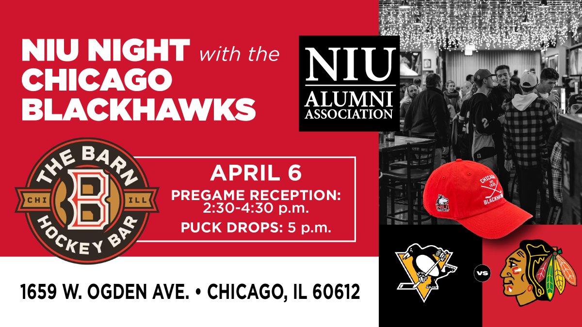 🔗 bit.ly/3DkfNX1
Join your fellow Huskies at alumni-owned <a href="/BarnHockeyBar/">The Barn Hockey Bar</a>, on Sunday, April 6, from 2:30-4:30 p.m. for a pregame reception before NIU Night with the <a href="/NHLBlackhawks/">Chicago Blackhawks</a>. A special ticket package has also been arranged for all students, alumni and fans of NIU.