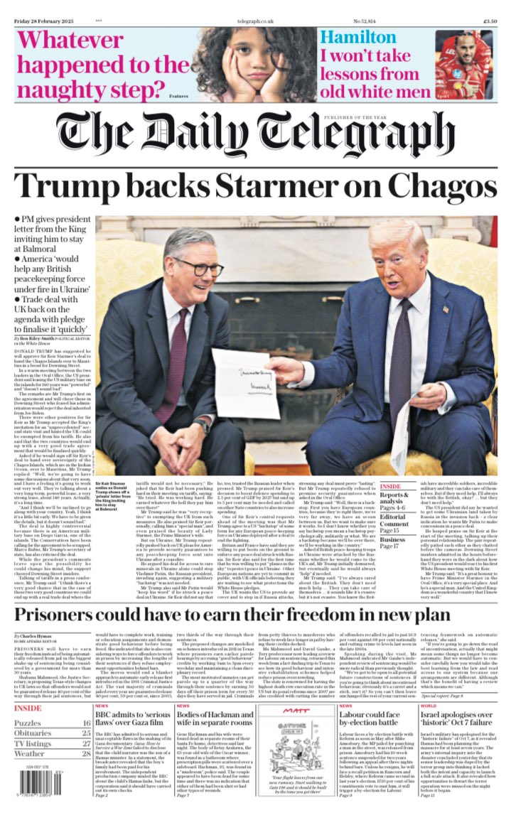 Tel p1 on the White House schmooze

:: Trump indicates thumbs up on Chagos
:: Plus says likely UK avoids tariffs
:: Trump (eventually) says he’d help UK troops in Ukraine… though reluctant
:: Starmer praised as ‘special’
:: Second state visit offer gets smiles

No10 delighted