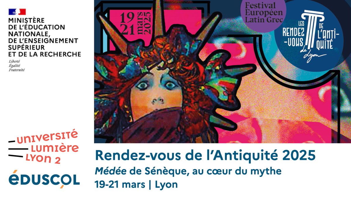 🏺 #LCA | #IGÉSR | #DGESCO

🔶 Les Rendez-vous de l’Antiquité de Lyon, qui se dérouleront en parallèle du <a href="/Festivlatingrec/">Festival européen latin grec</a>, du 19 au 21 mars 2025, auront pour thème « Médée de Sénèque, au cœur du mythe » ! 

Programme et informations sur #Éduscol 👉 eduscol.education.fr/4190/rendez-vo…