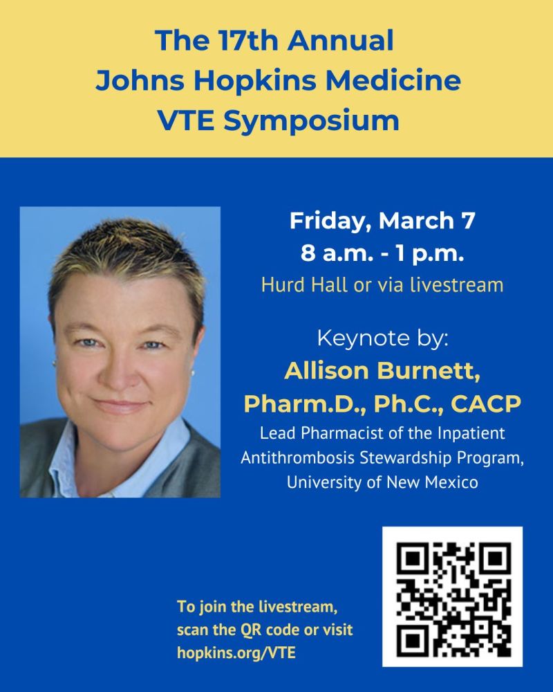 Hopkins Med News (@hopkinsmednews) on Twitter photo Keynote at 17th <a href="/HopkinsMedicine/">Johns Hopkins Medicine</a> VTE Symposium (bit.ly/41oZIXv) is Allison Burnett, <a href="/unmcop/">UNM College of Pharmacy</a> (3/7, 8AM ET) on anticoagulation mgt, stewardship & reversal. Stream live.hopkinsmedicine.tv. <a href="/elliotthaut/">Elliott R Haut, MD, PhD</a> @HopkinsSurgery <a href="/JHM_Armstrong/">Armstrong Institute</a> <a href="/JHUNursing/">Hopkins Nursing</a> <a href="/HopkinsPharmacy/">JohnsHopkinsPharmacy</a> <a href="/Hopkins_Rad/">Johns Hopkins Radiology</a> Keynote at 17th <a href="/HopkinsMedicine/">Johns Hopkins Medicine</a> VTE Symposium (bit.ly/41oZIXv) is Allison Burnett, <a href="/unmcop/">UNM College of Pharmacy</a> (3/7, 8AM ET) on anticoagulation mgt, stewardship & reversal. Stream live.hopkinsmedicine.tv. <a href="/elliotthaut/">Elliott R Haut, MD, PhD</a> @HopkinsSurgery <a href="/JHM_Armstrong/">Armstrong Institute</a> <a href="/JHUNursing/">Hopkins Nursing</a> <a href="/HopkinsPharmacy/">JohnsHopkinsPharmacy</a> <a href="/Hopkins_Rad/">Johns Hopkins Radiology</a>