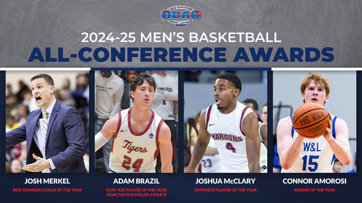 ODAC (@odacathletics) on Twitter photo All-ODAC Men's Basketball Awards announced #ODAC #d3hoops
POY and <a href="/VaFarmBureau/">Virginia Farm Bureau</a> Scholar-Athlete: <a href="/HSCathletics/">H-SC Athletics</a> Adam Brazi
D-POY: <a href="/RCmaroons/">Roanoke Maroons</a> Joshua McClary
COY: <a href="/RMCathletics/">Randolph-Macon College Athletics</a> Josh Merkel
ROY: WLU's Connor Amorosi
odaconline.com/news/2025/2/27… All-ODAC Men's Basketball Awards announced #ODAC #d3hoops
POY and <a href="/VaFarmBureau/">Virginia Farm Bureau</a> Scholar-Athlete: <a href="/HSCathletics/">H-SC Athletics</a> Adam Brazi
D-POY: <a href="/RCmaroons/">Roanoke Maroons</a> Joshua McClary
COY: <a href="/RMCathletics/">Randolph-Macon College Athletics</a> Josh Merkel
ROY: WLU's Connor Amorosi
odaconline.com/news/2025/2/27…