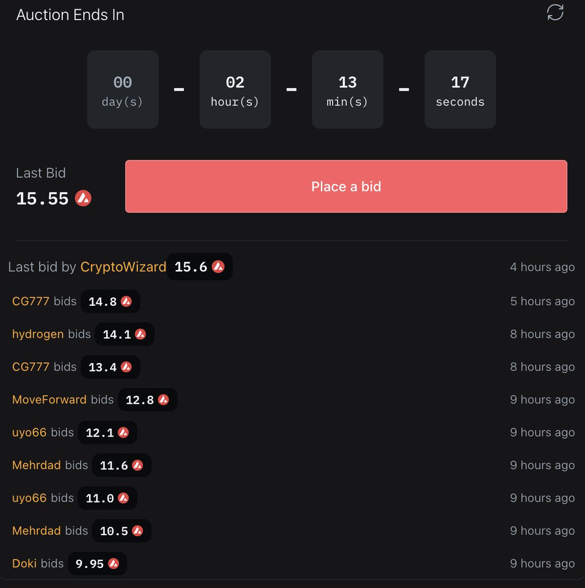 Auction Update

2 hours left
current bid 15.55 by <a href="/Crypto__Wizzard/">crypto wizard (real)</a> 

Thank you for the bidder’s <a href="/Ke_KeSama/">KeKe様</a> <a href="/Merrebey/">Merebey</a> 0x8ddd…9f6 <a href="/joseph_k17/">joseph 🦁🔺</a> <a href="/Mehrdad64392398/">Mehrdad「🖤」</a> <a href="/phfoong/">Cryptomancer 🔺⚔️</a> <a href="/anej56/">Anej</a> <a href="/uyo66_/">uyo66</a> MoveForward <a href="/CryptoGuy_777/">CG777</a> <a href="/hydrogen_sr/">hydrogen</a> 

salvor.io/collections/0x…