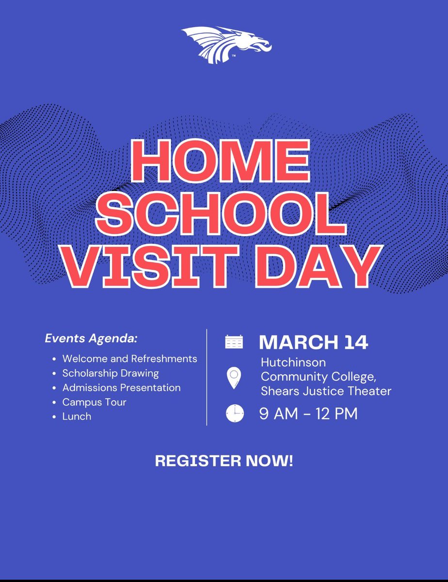 Join us for Homeschool Visit Day

 • Tour of our campus
 • Admissions Presentation

📅 Date: March 14th
🕒Time: 9:00 am
📍Location: Shears Justice Theater, Hutchinson Community College

💻 Seats are limited, so be sure to reserve your spot today!
👉 engage.hutchcc.edu/register/?id=f…