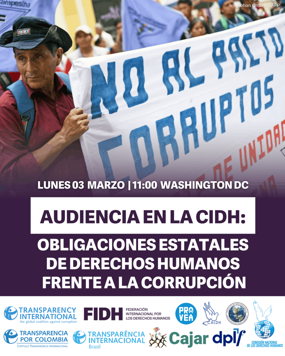 Por la rendición de cuentas.

Invitamos a una nueva audiencia en la #CIDH:
La #corrupción sí tiene víctimas.

Junto a organizaciones de las Américas, este lunes #3Mar, 11AM 🇺🇸 Washington D. C.

Inscripción en línea para la audiencia 👉 bit.ly/AudienciaCorru…