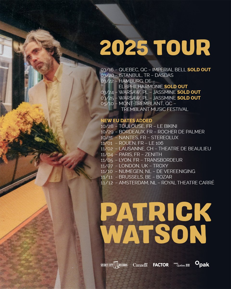 Patrick Watson (@patrickwatson) on Twitter photo Fall in Europe and many dates and some really really big venues, I can't wait to come and play live for you. Sign up here to have access to the presale. bnds.us/lbiz1j Fall in Europe and many dates and some really really big venues, I can't wait to come and play live for you. Sign up here to have access to the presale. bnds.us/lbiz1j