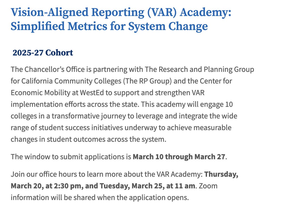 Dra Lara-Brady (@lara_brady) on Twitter photo Interested in helping us figure out how to leverage and integrate the wide range of student success initiatives
at <a href="/CalCommColleges/">California Community Colleges</a> to achieve measurable changes in student outcomes?
Then join our inaugural #VARAcademy!
cccco.edu/About-Us/Chanc…
<a href="/TheRPGroup/">The RP Group</a>
<a href="/FoundationCCC/">FoundationCCC</a> Interested in helping us figure out how to leverage and integrate the wide range of student success initiatives
at <a href="/CalCommColleges/">California Community Colleges</a> to achieve measurable changes in student outcomes?
Then join our inaugural #VARAcademy!
cccco.edu/About-Us/Chanc…
<a href="/TheRPGroup/">The RP Group</a>
<a href="/FoundationCCC/">FoundationCCC</a>