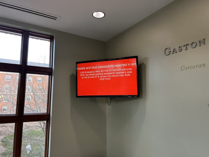 EuropeCognizant's tweet image. Photo: Emergency alert displayed in classrooms at University of Virginia amid reports of ‘active attacker with a knife' on Emmet St.

#BreakingNews #Alert #ActiveAttacker #Virginia #EmmetSt #UniversityofVirginia