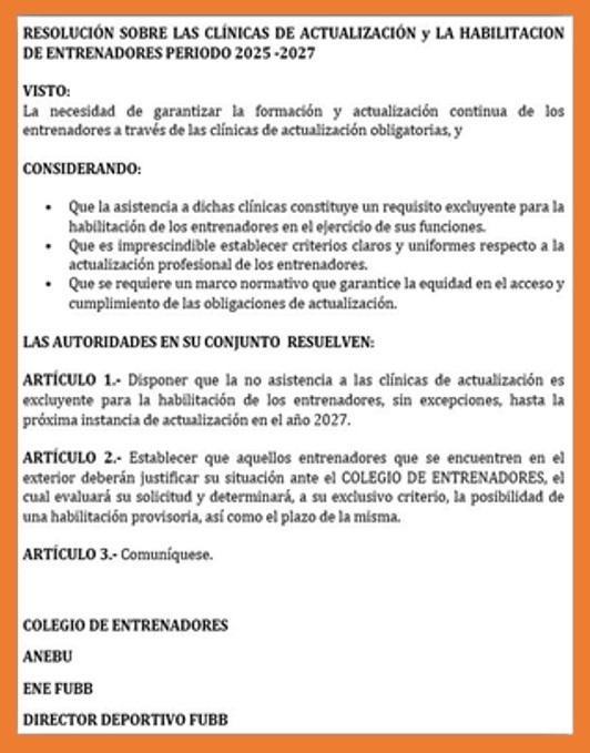 Anebu le comunica a sus asociados y demás entrenadores las resoluciones llevadas adelante con la Fubb y la Ene, en conjunto con el Colegio de Entrenadores con respecto a la Profesión del Entrenador de Básquetbol