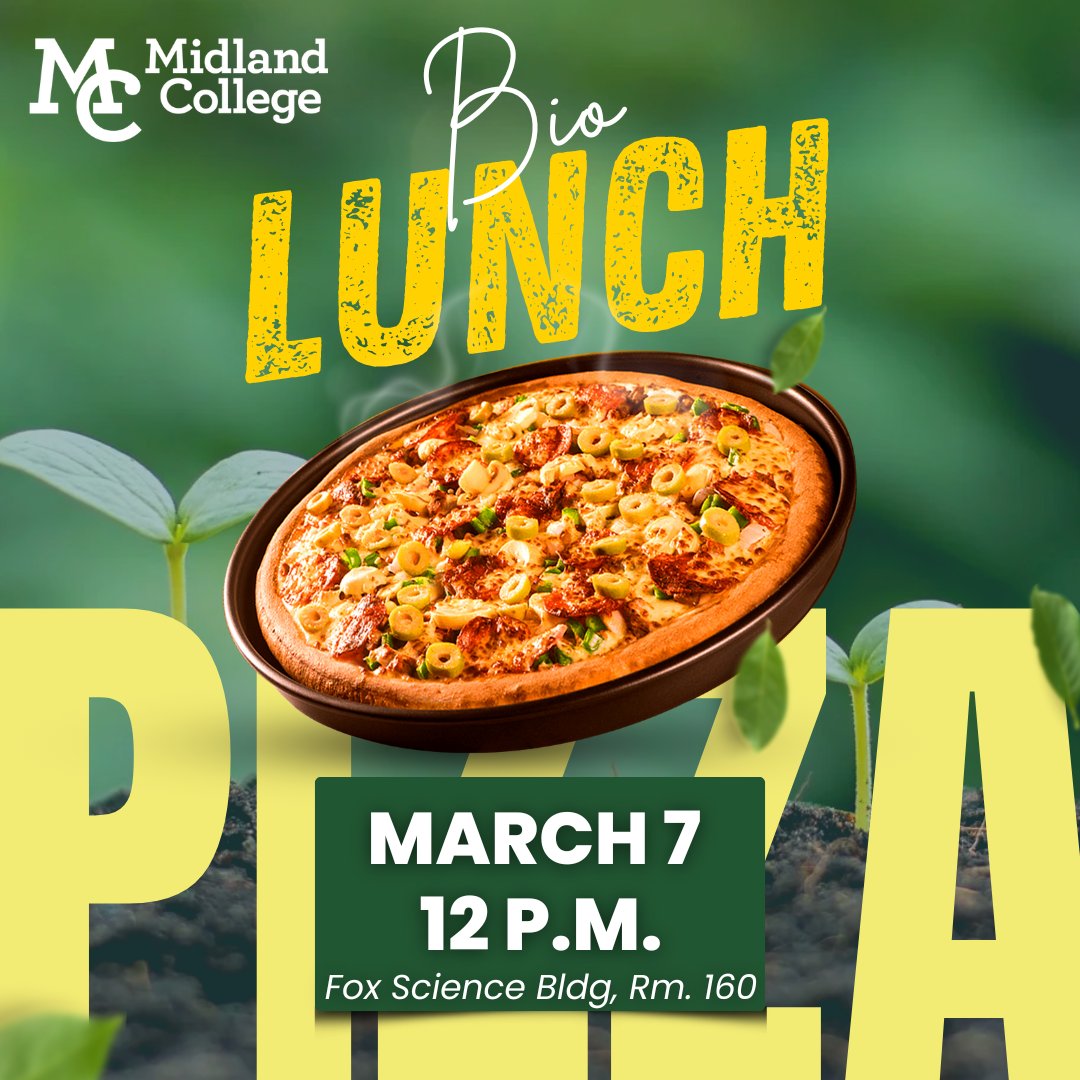 Make plans to stop by the Fox Science Building, room 160 next Friday, March 7th, at noon for FREE lunch and an informative session sponsored by the Midland College Biology Department. Free pizza, free drinks, free education. We'll see you there.