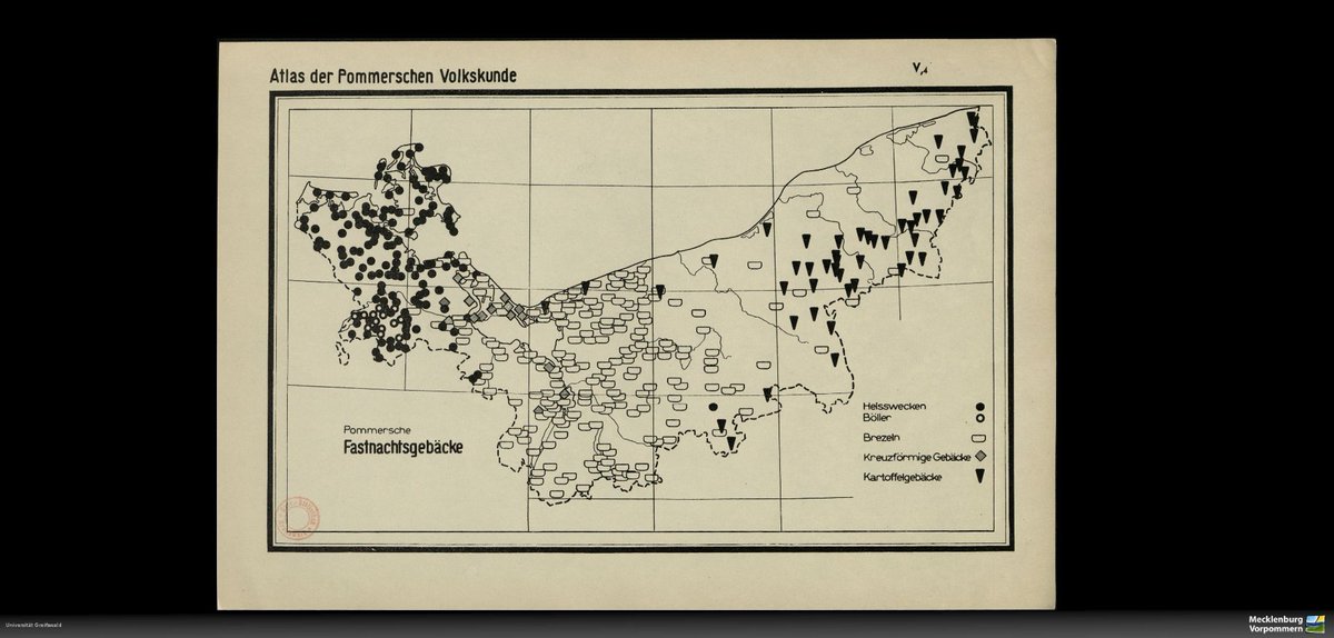 Der Karneval/Fasching nähert sich dem Höhepunkt. Karl Kaiser hat im Atlas der pommerschen Volkskunde die Begriffe für Fastnachtsgebäcke kartiert
digitale-bibliothek-mv.de/viewer/image/P…