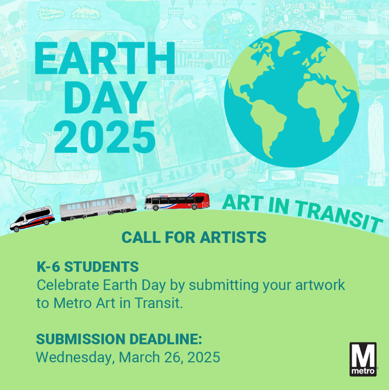 CityofGreenbelt's tweet image. For Earth Day (April 22, 2025), Metro's Art in Transit Program invites K-6 students from DC, MD, &amp;amp; VA to submit 2-D artwork showcasing Metro's role in clean air, creativity &amp;amp; community. 🎨🌍 

Learn more: ow.ly/Y9s150V7Ppl #EarthDay #ArtInTransit #YouthArt #Metro