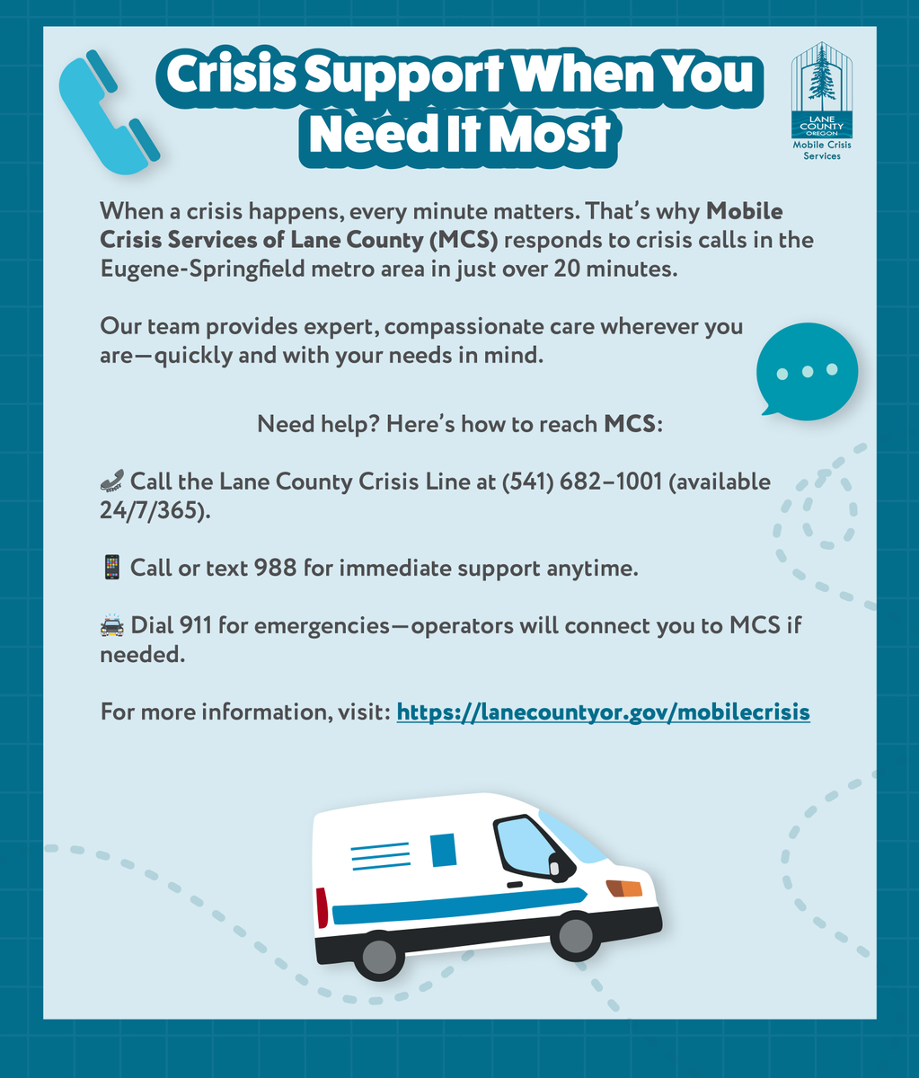 When a crisis happens, every minute matters. That’s why #MobileCrisisServices of Lane County responds to crisis calls in the #Eugene #Springfield metro area in just over 20 minutes. (541) 682–1001 (24/7/365)
lanecountyor.gov/mobilecrisis
#CrisisResponse #MentalHealthSupport