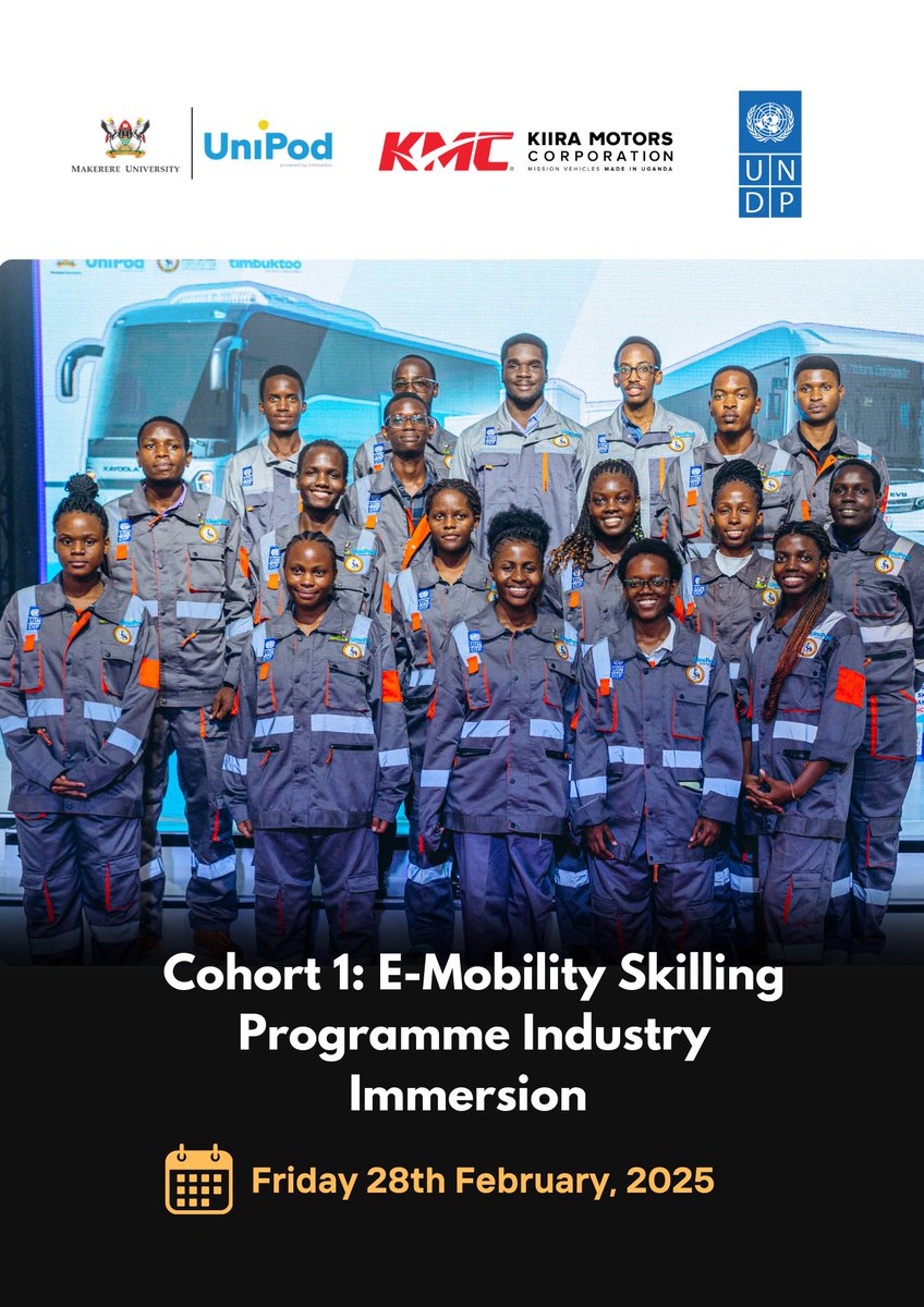 🚀Accelerating E-Mobility!

It’s been 5 months since the launch of the E-Mobility Skilling Program, which is equipping 25 students with skills in electric mobility.🚗🔋

Tomorrow, they head to the Kiira Motors Plant in Jinja for a hands-on immersion with E-Mobility technology!